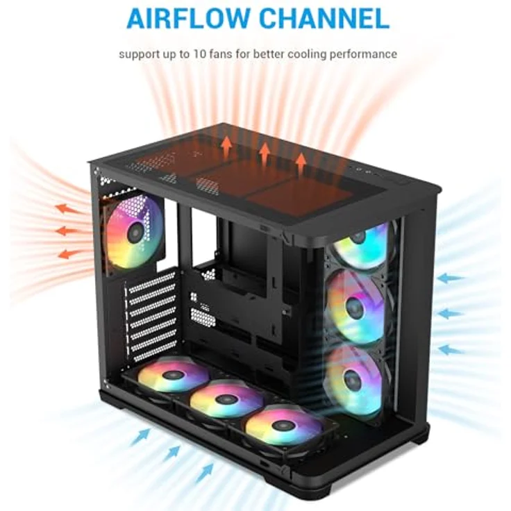 SAMA V60 Mid Tower PC-Gehäuse, Geschwungene Glasfront, 7×120mm ARGB PWM Lüfter, USB Type-C, Hochdurchsatz ATX, 360mm AIO Unterstützung – Schwarz – Bild 3