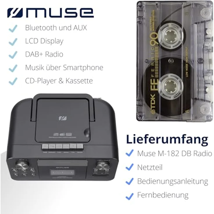 MUSE Tragbares DAB+ Radio mit Bluetooth CD-Player, Kassettenspieler, UKW, Kopfhörer-Eingang, AUX-In, LCD Display, Musik-Streaming, Schwarz (M-182DB) – Bild 5