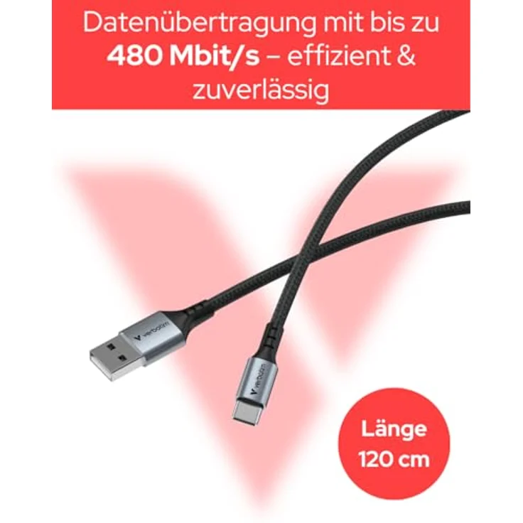 Verbatim 31843 USB 2.0 Kabel, 1,2 m, USB A auf USB C, Schnellladung bis zu 18 W, schwarz – Bild 3