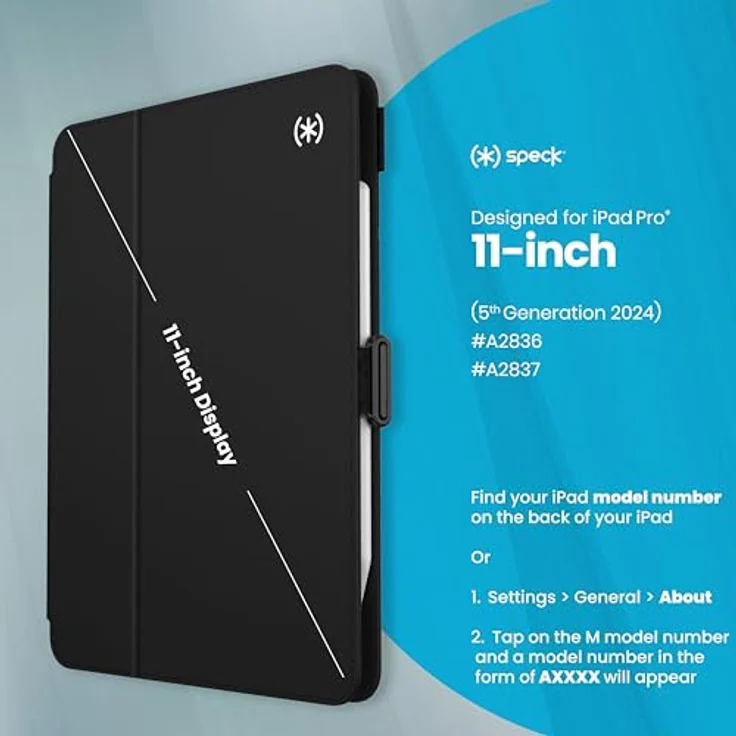 Speck iPad Pro 11 Zoll Hülle (Modell 2024, 5. Generation) – mit Stifthalter, Fall- und Kameraschutz, schlanker Multi-Range-Ständer, Balance Folio – Schwarz/Schwarz/Weiß – Bild 4