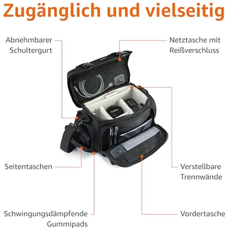 AmazonBasics - Große L Umhängetasche für Kamera und Zubehör, Schwarz mit grauem Innenfutter – Bild 3