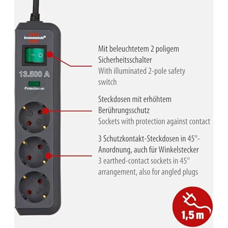 Brennenstuhl Eco-Line, Steckdosenleiste 3-fach mit Überspannungsschutz (Steckerleiste mit erhöhtem Berührungsschutz, Schalter und 1,5m Kabel) anthrazit – Bild 3