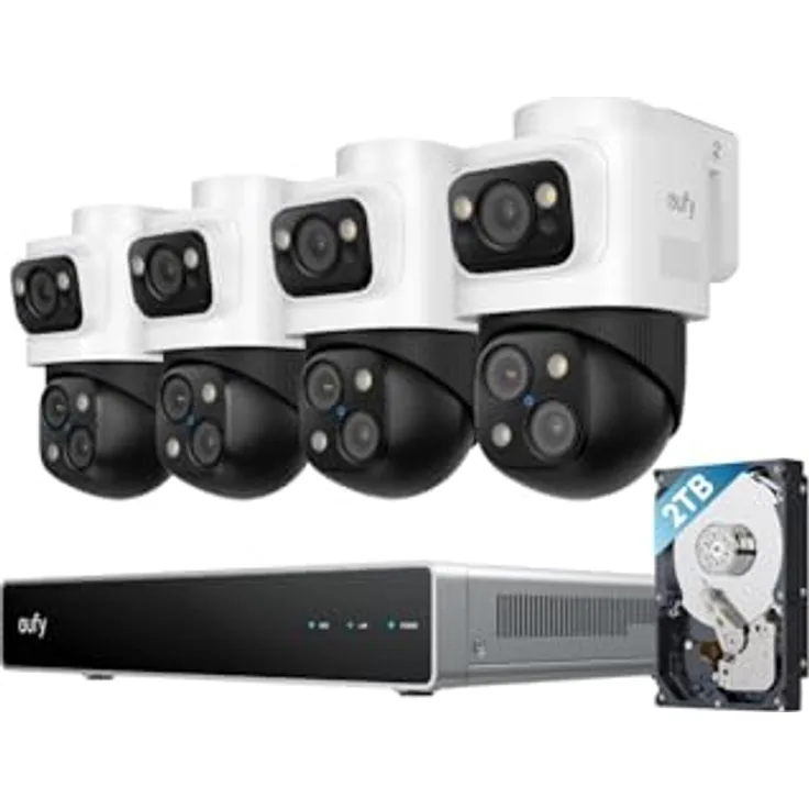 eufy PoE NVR Security System S4 Max, 4× 3-Linsen Bullet-PTZ-Kameras, 16MP, 360° PTZ, 8× Auto-Zoom, KI-Videosuche, Farbnachtsicht, 2TB HDD