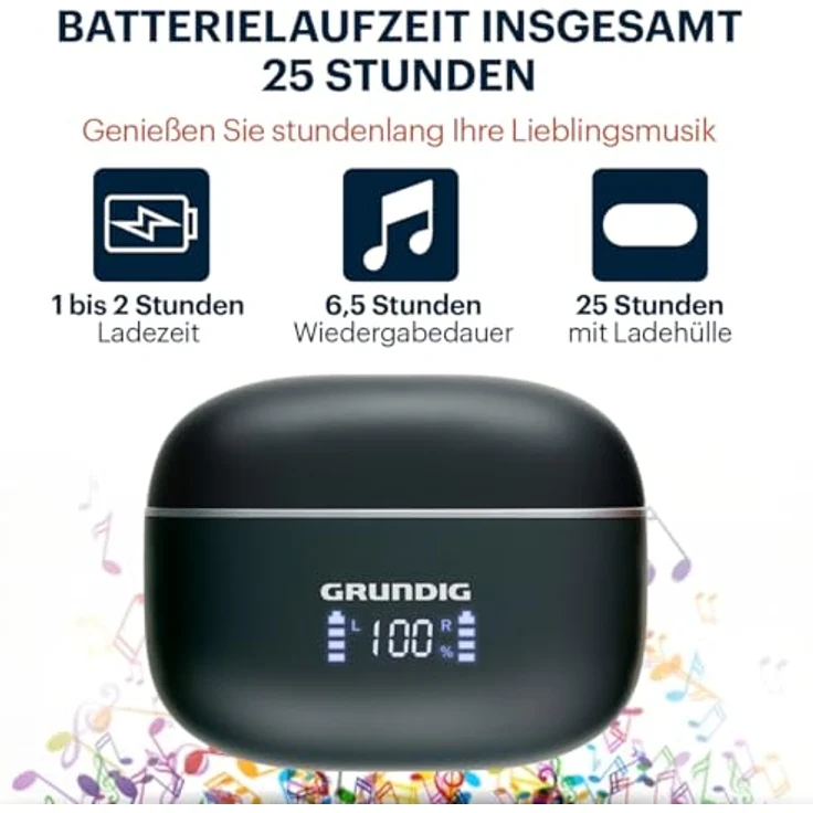 Grundig Bluetooth In Ear Ohrhörer, kabellos mit LED-Anzeige, 6,5 Std Wiedergabezeit, Ladeetui und USB-C Kabel, 300mAh, Active Noise Cancelling – Bild 4