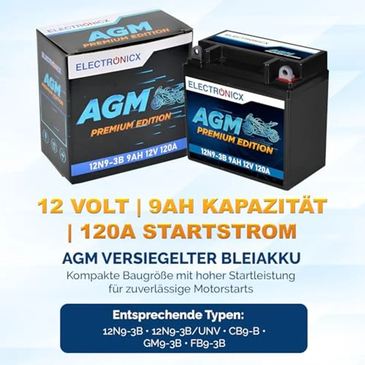 Electronicx AGM-12N9-3B AGM Motorradbatterie 9Ah 12V, wartungsfrei, rüttelfest, auslaufsicher für Motorrad, Roller, Quad – Bild 5