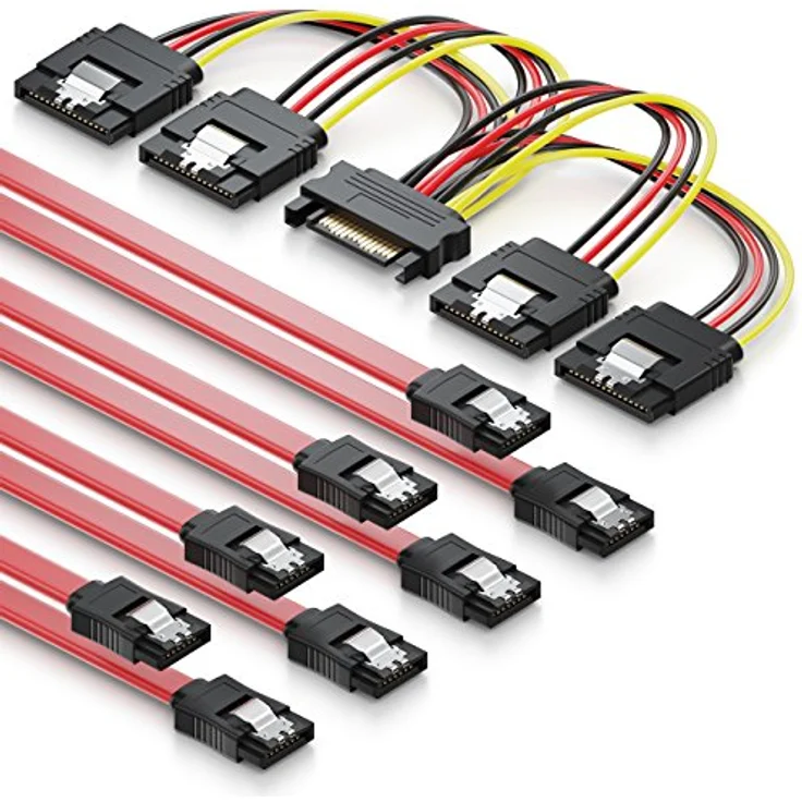 deleyCON SATA Kabel Set 4x SATA III Kabel mit Stecker Gerade + Strom Adapter Kabel - SSD HDD Festplatte in Rot – Bild 1