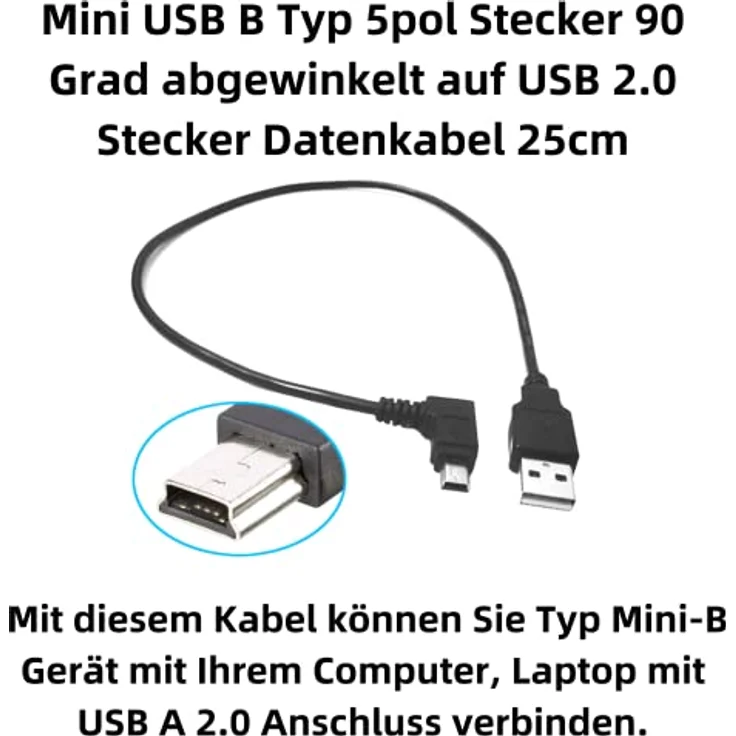 Bolwins K12 Mini USB Kabel, 30cm USB 2.0 A auf Mini USB 5-Pin, links abgewinkelt, Daten- und Ladekabel für Digitalkamera, GPS, MP3 Player – Bild 2