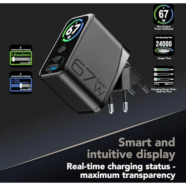 Cellularline PowerView IQ Kit ACH 67W, Netzladegerät-Kit mit smartem TFT-Display, klappbarem Stecker, GaN+ Technologie, inkl. 150 cm USB-C Kabel, Schwarz – Bild 4