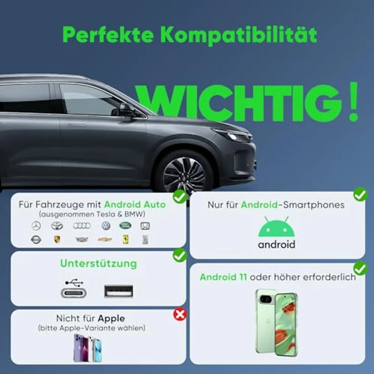 SALCAR Android Auto Wireless Adapter 2025, kabelloser Dongle mit A7-Chip, WiFi 6, kompatibel mit Android 11 oder höher, USB-C/A, automatisches Pairing, Aluminiumgehäuse – Bild 2