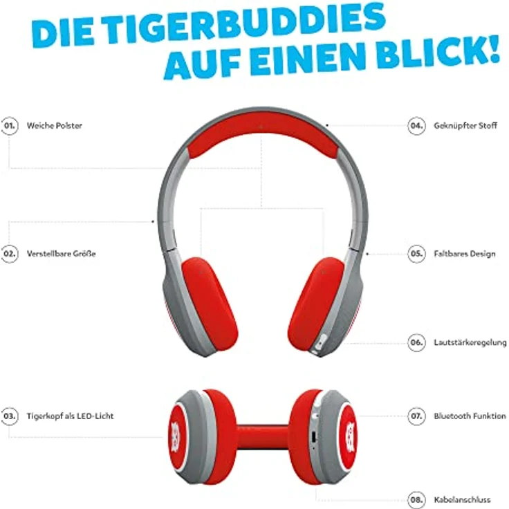tigermedia tigerbuddies Kinderkopfhörer rot on-Ear Bluethooth AUX max 85 dB kabellos faltbar Premium-Qualität für tigerbox Hörspiele Kinderlieder – Bild 3