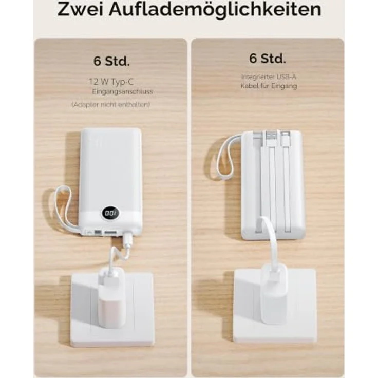 VRURC Powerbank 10000mAh, tragbares Ladegerät mit 5 Ausgängen, USB-C, LED-Anzeige und integriertem Kabel, kompatibel mit iPhone/Huawei/Samsung – Bild 5