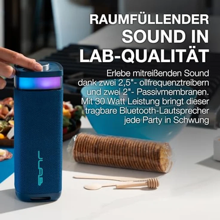 JLab JBuds Party, Tragbarer Bluetooth Lautsprecher mit 30W, 12H+ Akkulaufzeit, RGB Licht, IP56 Wasserfest, Marineblau – Bild 3