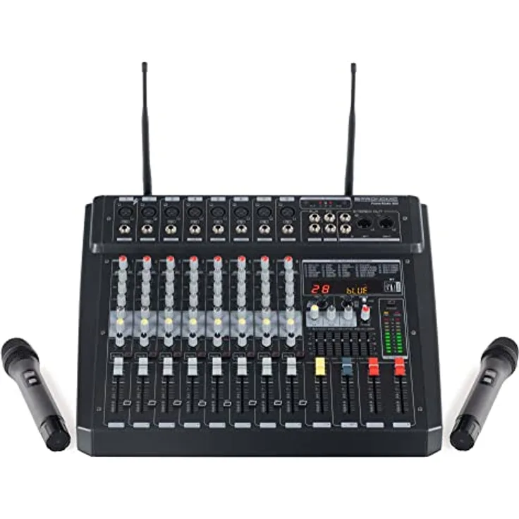 Pronomic Powermake 800 Powermischer - 8-Kanal-Mischpult - 2 UHF-Funkmikrofone - 760 Watt RMS-Leistung - 24Bit Multi-Effekt-Prozessor - Bluetooth®/USB-Player/Recorder - Grafischer Equalizer - Schwarz