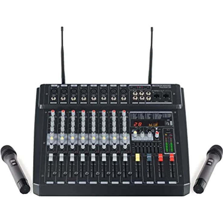 Pronomic Powermake 800 Powermischer - 8-Kanal-Mischpult - 2 UHF-Funkmikrofone - 760 Watt RMS-Leistung - 24Bit Multi-Effekt-Prozessor - Bluetooth®/USB-Player/Recorder - Grafischer Equalizer - Schwarz – Bild 1