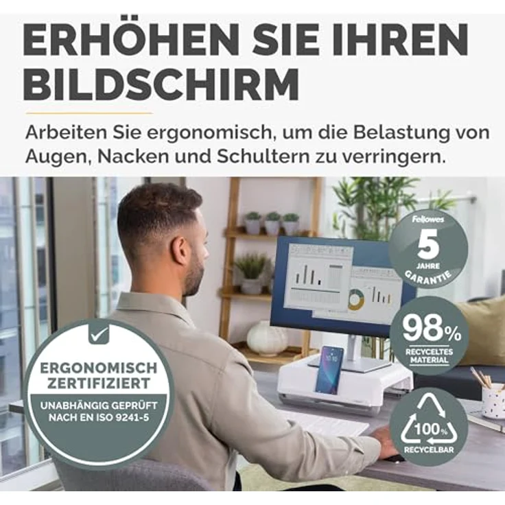 FELLOWES Breyta Monitorständer, weiß, 3 Höheneinstellungen, ideal für hybrides Arbeiten – Bild 2