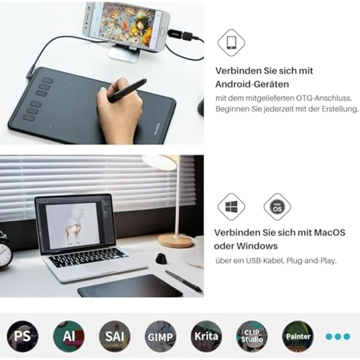 HUION Inspiroy H640P Grafiktablett, 6 programmierbare Tasten, batterieloser Stift, 8192 Druckstufen – Bild 7