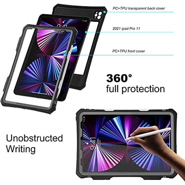 ShellBox Case Neue iPad Pro 11 Zoll 2022 & 2021 & 2020 wasserdichte Hülle, Ganzkörper Heavy Duty Stoßfest Schutzhülle mit Kickstand Eingebauter Displayschutz Stifthalter Schultergurt (Schwarz) – Bild 3