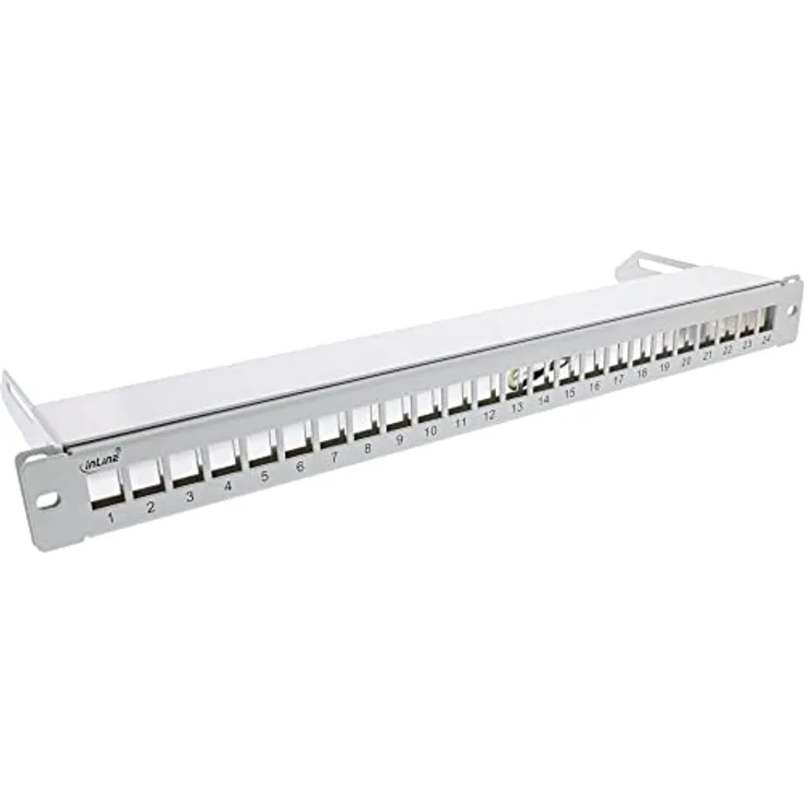 InLine® Patchfeld 24-Fach, Keystone Leerblech Patchpanel mit Auszug, 19", 1HE, lichtgrau RAL7035, geeignet für Cat.6a, Cat.6, Cat.5 Module