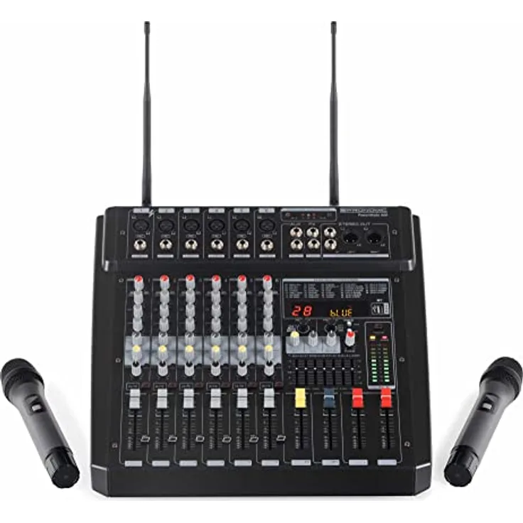 Pronomic Powermake 600 Powermischer - 6-Kanal-Mischpult - 2 UHF-Funkmikrofone - 760 Watt RMS-Leistung - 24Bit Multi-Effekt-Prozessor - Bluetooth®/USB-Player/Recorder - Grafischer Equalizer - Schwarz