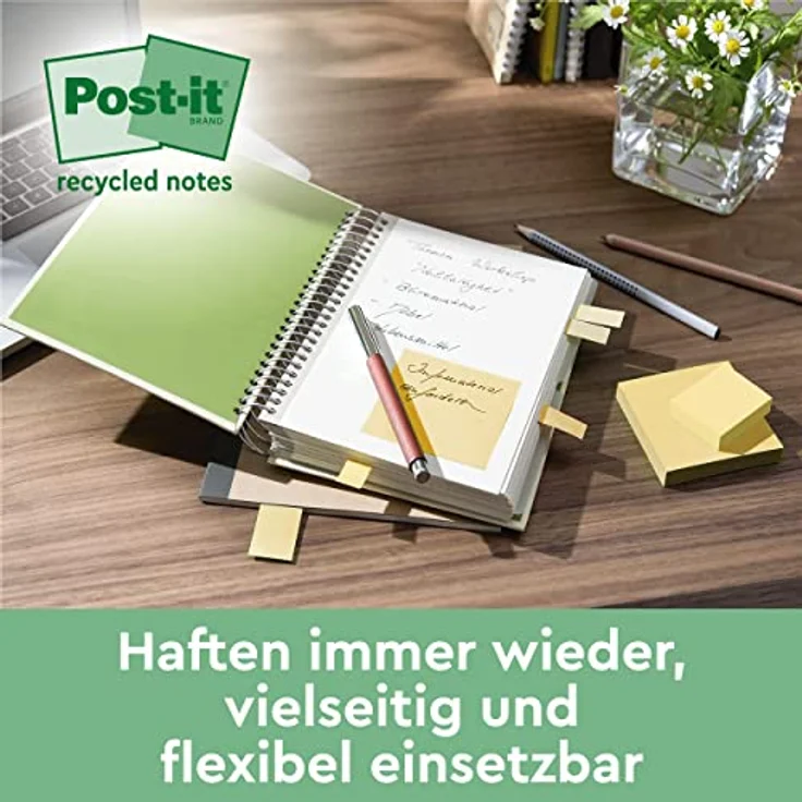 Post-it Notes Recycling Haftnotizblock, 76x76mm, gelb, 600 Blatt (6x100) in Vorratsbox, rückstandsfrei lösbar, aus 100% Altpapier – Bild 5