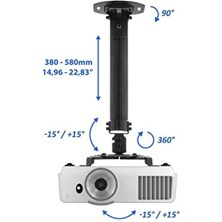 deleyCON Universal Beamerhalterung, Deckenhalterung schwarz, neigbar ±15°, drehbar 360°, höhenverstellbar 380-580mm, bis 13,5kg belastbar, mit Kabelführung – Bild 5