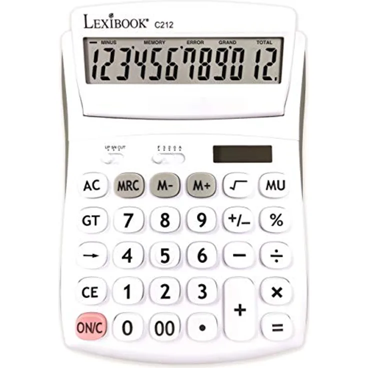 Lexibook C212 12-stelliger Bürotaschenrechner mit Geneigter Grund-und Speicherfunktion-Große Tasten und Bildschirm für Büro, Schule, Zuhause-Solar & Batterien-Weiß/Grau