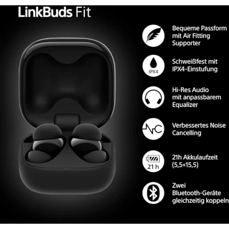 Sony LinkBuds Fit – Truly Wireless Noise Cancelling Bluetooth Earbuds - IPX4, Umgebungsgeräuschmodus, 21h Akkulaufzeit, Multipoint-Verbindung - Schwarz – Bild 3