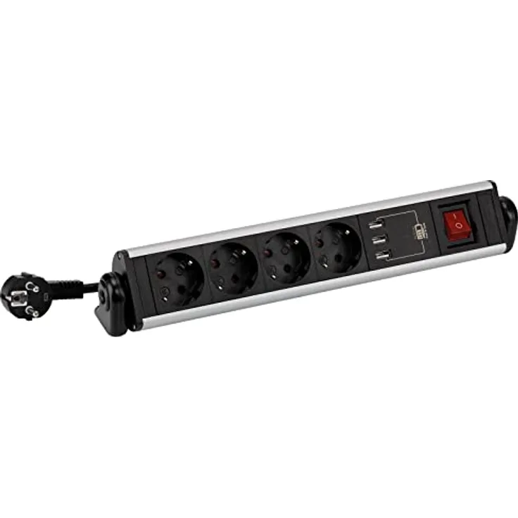 Drehbare Mehrfachsteckdose mit Tischbefestigung, 4 Steckdosen 16 A 250 V + 3 USB-Kabel mit 1,5 m 3G1,5 in Aluminium SIMON