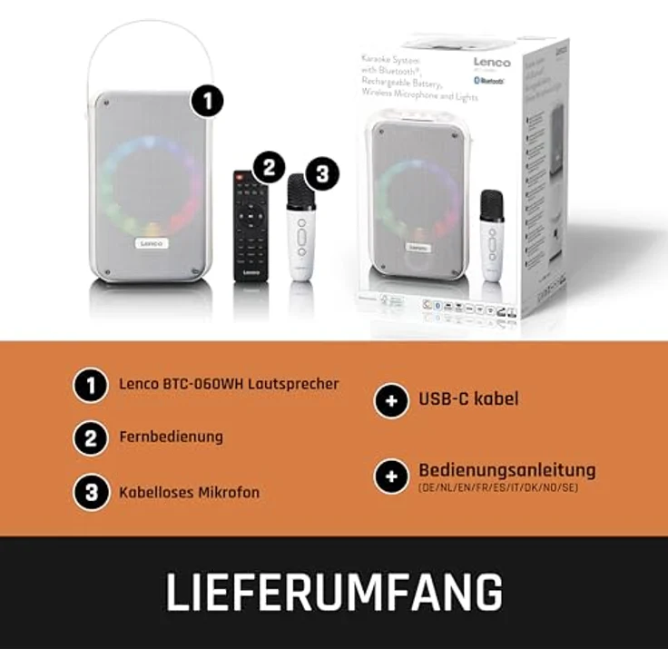Lenco BTC-060WH, Bluetooth Lautsprecher mit 12h Akkubetrieb, drahtlosem Mikrofon und LED-Beleuchtung, Weiss – Bild 9