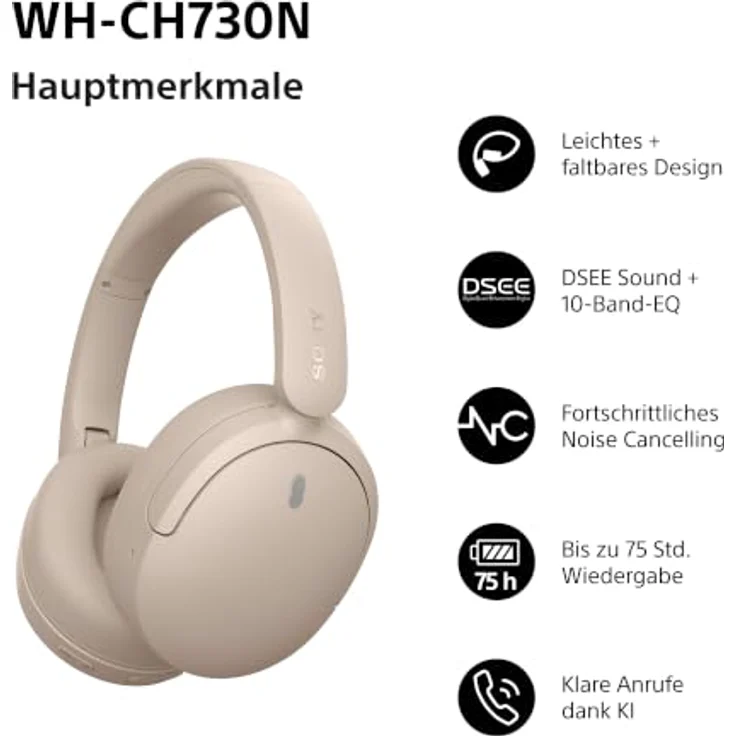 Sony WH-CH730N, Over-Ear Kopfhörer mit Noise Cancelling, beige – Bild 2