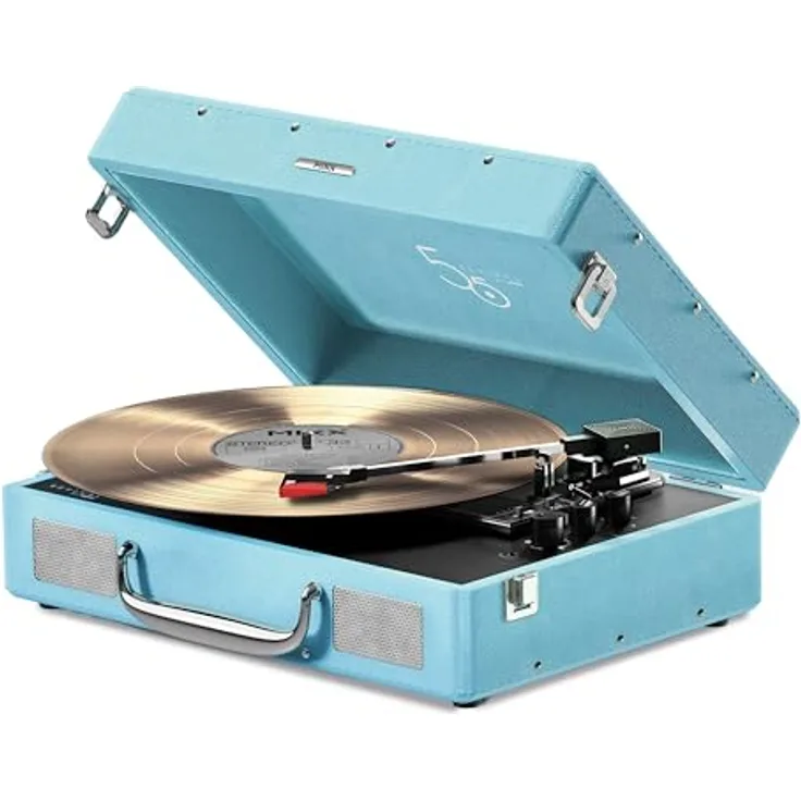 Mixx Revival 55 Stereo-Vinyl-Plattenspieler, Retro Vintage-Design mit Bluetooth-Funktion, integrierten Lautsprechern und 45-RPM-Adapter, hellblau