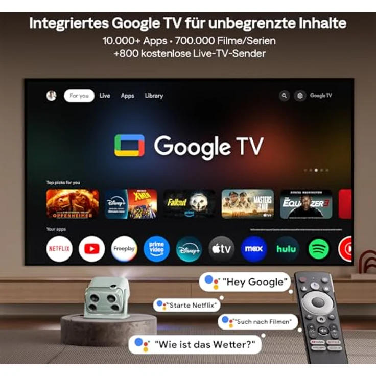 Aurzen Boom Mini 4-in-1 Smart Beamer mit Google TV, 4K Unterstützung, 500 ANSI Lumen, 20W DoIby Audio, ToF Autofokus, Trapezkorrektur, WLAN/Bluetooth, grün – Bild 2