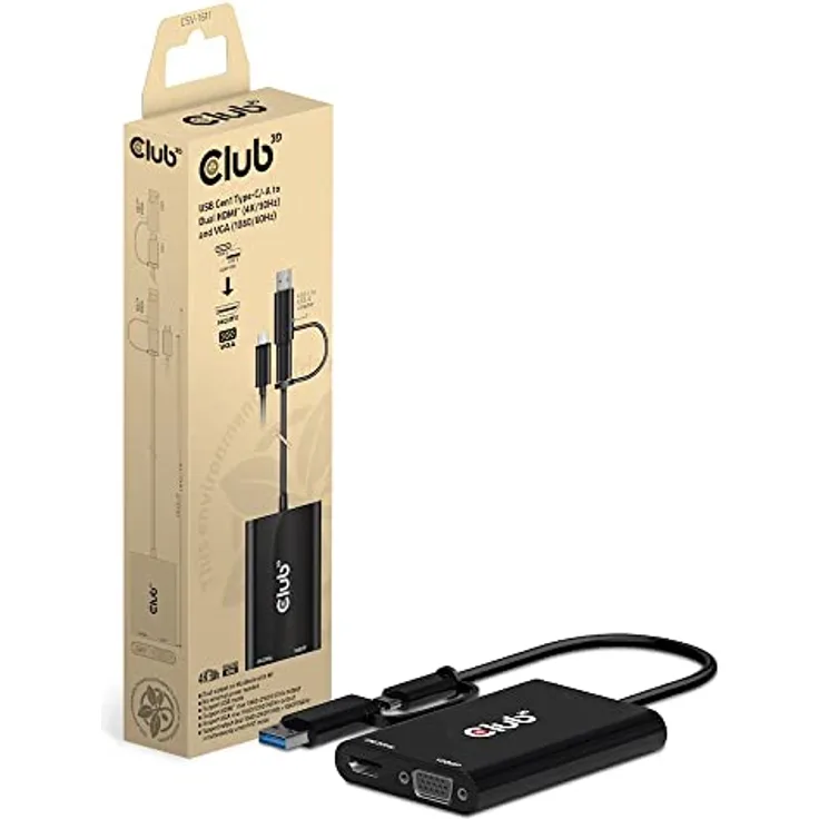 Club 3D Adapter USB Gen1 Type-C/-A auf Dual HDMI™(4K/30Hz) / VGA (1080/60Hz)