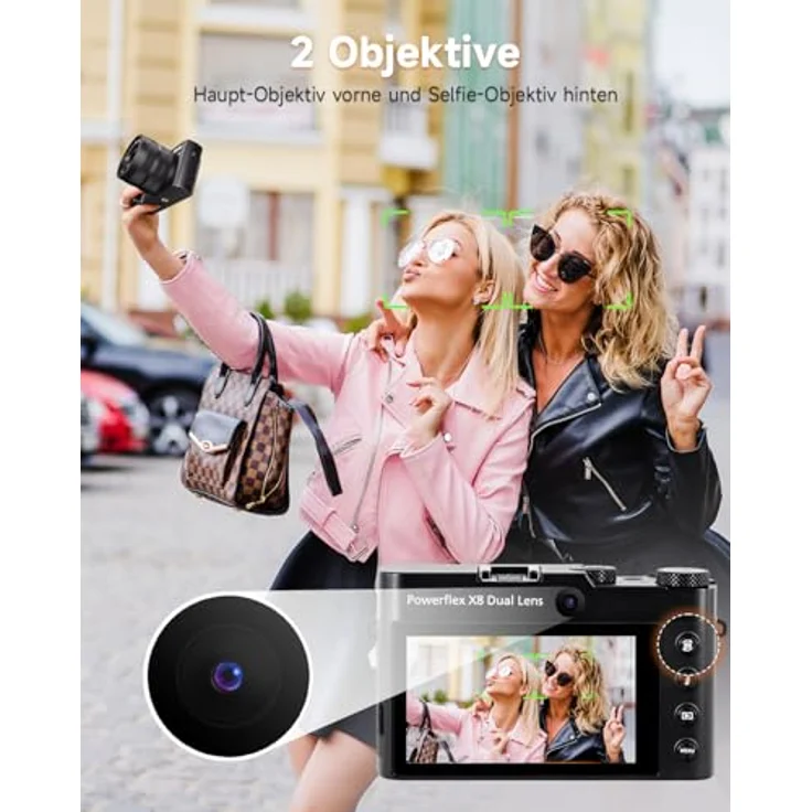 Rollei Powerflex X8, Dual Lens Digitalkamera mit 64MP, 5K Fotoapparat, 8X optischem Zoom, 3,6" Touch Screen, tragbar, schwarz für Anfänger – Bild 2