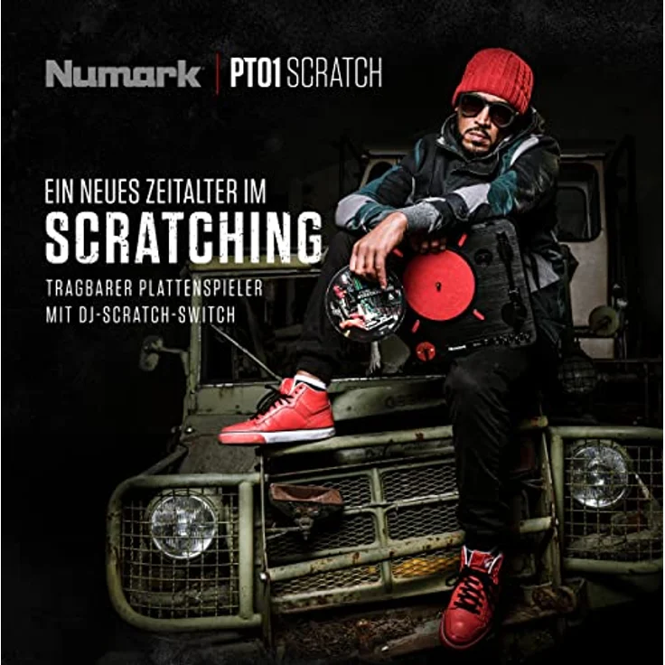 Numark PT01 Scratch - tragbarer DJ-Plattenspieler mit auswechselbarem Scratch-Switch, eingebautem Lautsprecher, Stromversorgung über Batterie - Netzteil, 3 Geschwindigkeiten und USB-Verbindung – Bild 3