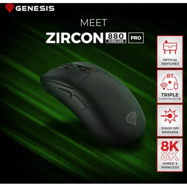 Genesis Zircon 880 PRO Wireless Gaming Maus, 30000 DPI, 8000 Hz Polling Rate, leichtes 64g Gehäuse, Schwarz – Bild 2