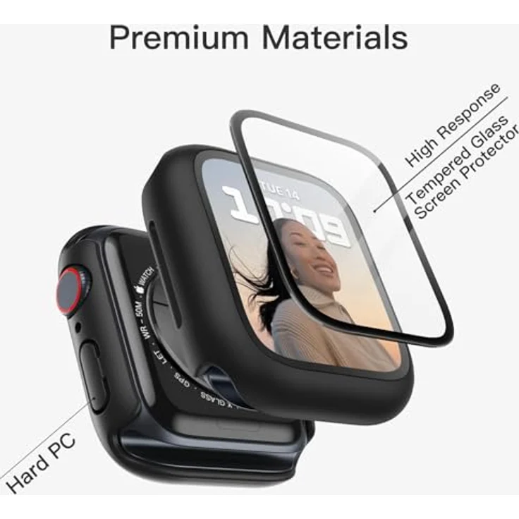 JETech Hülle mit Displayschutz für Apple Watch Series 9 8 7 45 mm, 2 Stück, Eingebautes gehärtetes Glas, Hoher Schutz, Schwarz – Bild 2