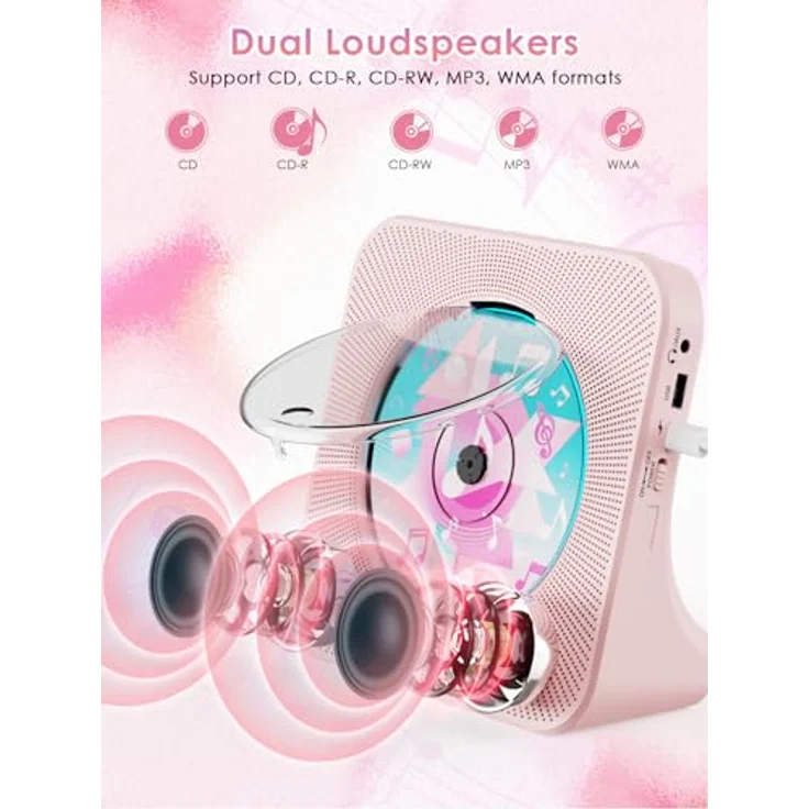 Gueray CD-Player mit Bluetooth 5.0, FM-Radio, USB und 3,5 mm Audioplayer, rosa – Bild 3