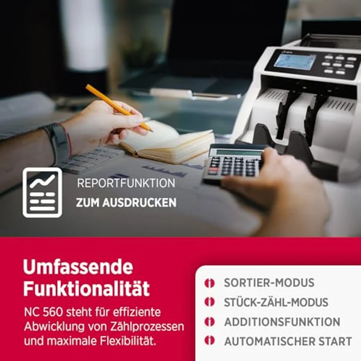 Olympia NC 560 Geldzählmaschine, Gemischtwertzähler für unsortierte Banknoten mit Falschgeldprüfer, 1000 Noten/Min, LCD Display, kompakt, inkl. Anschlüssen für externes Display und Drucker – Bild 5
