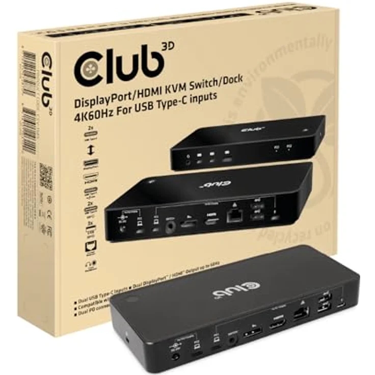 Club 3D KVM Switch/Dock DisplayPort/HDMI 4K60Hz für 2 USB Typ-C Eingänge – Bild 1