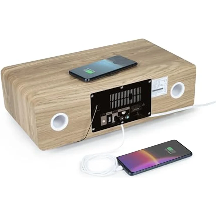 Thomson Micro-Hi-Fi-System MIC301IBT, Bluetooth-Lautsprecher in Weiss und Holz, 10 W RMS-Leistung, FM- und digitales UKW-Radio, Bluetooth, USB-Anschluss, Induktionsladefunktion – Bild 6