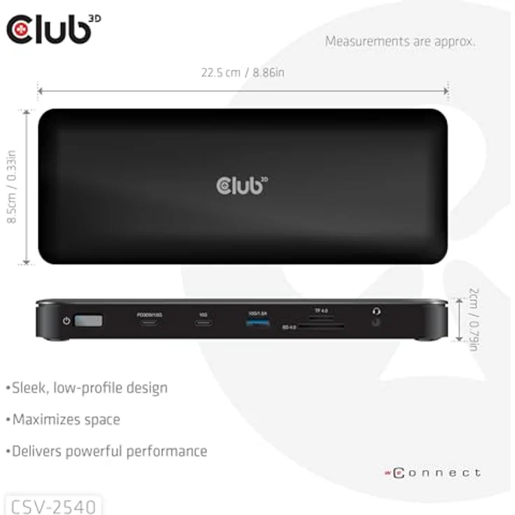 Club3D CSV-2540 14-1 USB-C® Quad-Display-Dockingstation, 4x 4K60Hz, 14 Ports, 2.5GBASE-T Gigabit Ethernet, Schwarz – Bild 4