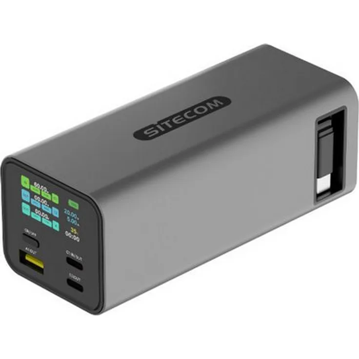 Sitecom Laptop Powerbank 20000 mAh 100W, ausziehbares USB C Kabel, Aluminiumgehäuse, Smart Display