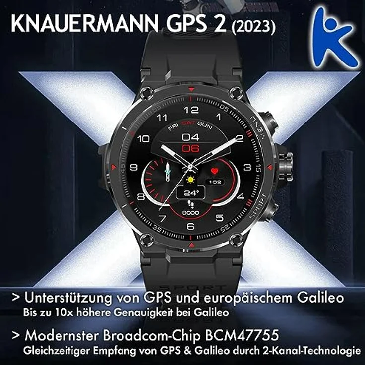 Knauermann GPS 2 (2023) Schwarz- Sportuhr Smartwatch - AMOLED-Display - Puls, Blutsauerstoff, GPS/Galileo-Empfang - BT Bluetooth - Silikonband Schwarz, 14-26 – Bild 4