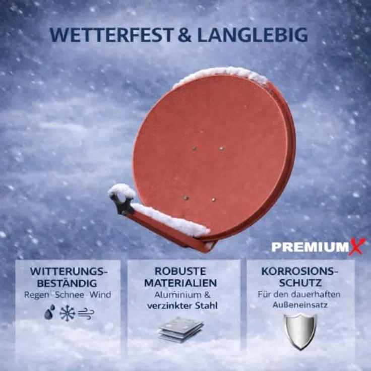 PremiumX Satelliten-Komplettanlage 80cm, Satellitenschüssel Aluminium Ziegelrot mit Twin LNB und 4X F-Stecker, für bis zu 2 Teilnehmer, HDTV, UltraHD 4K tauglich – Bild 4