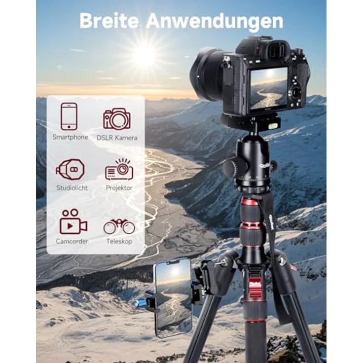 Rollei Compact Traveler No. 2, Dreibeinstativ aus Aluminium, maximal 180 cm, schwarz, Tragfähigkeit 5 kg – Bild 8