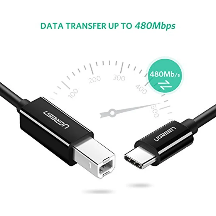 Ugreen US241 Premium USB-C zu USB-B Druckerkabel, 2m, 480Mb/s Übertragungsrate, Farbe Schwarz – Bild 3