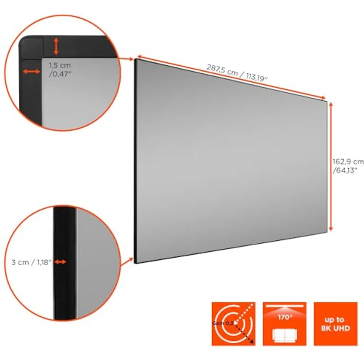 celexon HomeCinema V2.0 CLR Ultrakurzdistanz-Rahmen-Leinwand 130", 284,5 x 159,9 cm 16:9, 8K Full HD, höhenverstellbare Wandmontage, nur für Ultrakurzdistanz-Beamer, grau – Bild 3