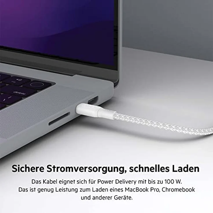 Belkin BoostCharge USB-C/USB-C Kabel 100W, 2m, weiß - langlebig, doppelt geflochtenes Nylon, bis zu 480 Mbps Datenübertragungsrate – Bild 3