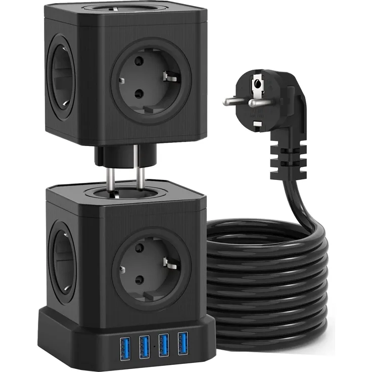 Voomy Power S10 Mehrfachsteckdose mit 3 USB, Schalter und Überspannungsschutz, 2m Kabel, Schwarz